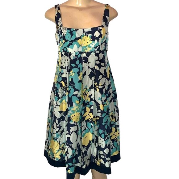 BCBG Paris Dress Floral Sleeveless Pleated Skirt Square Neck Silk Blue/Yellow 2 - Picture 4 of 13